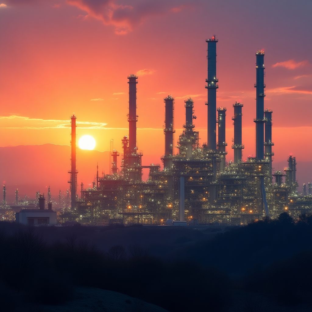 Planta de refinación de YPF al atardecer